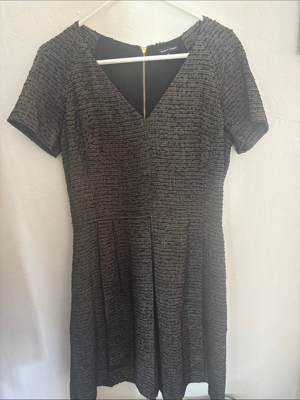 Club Monaco Black and Gray Textured V-Neck Fit-and-Flare Dress